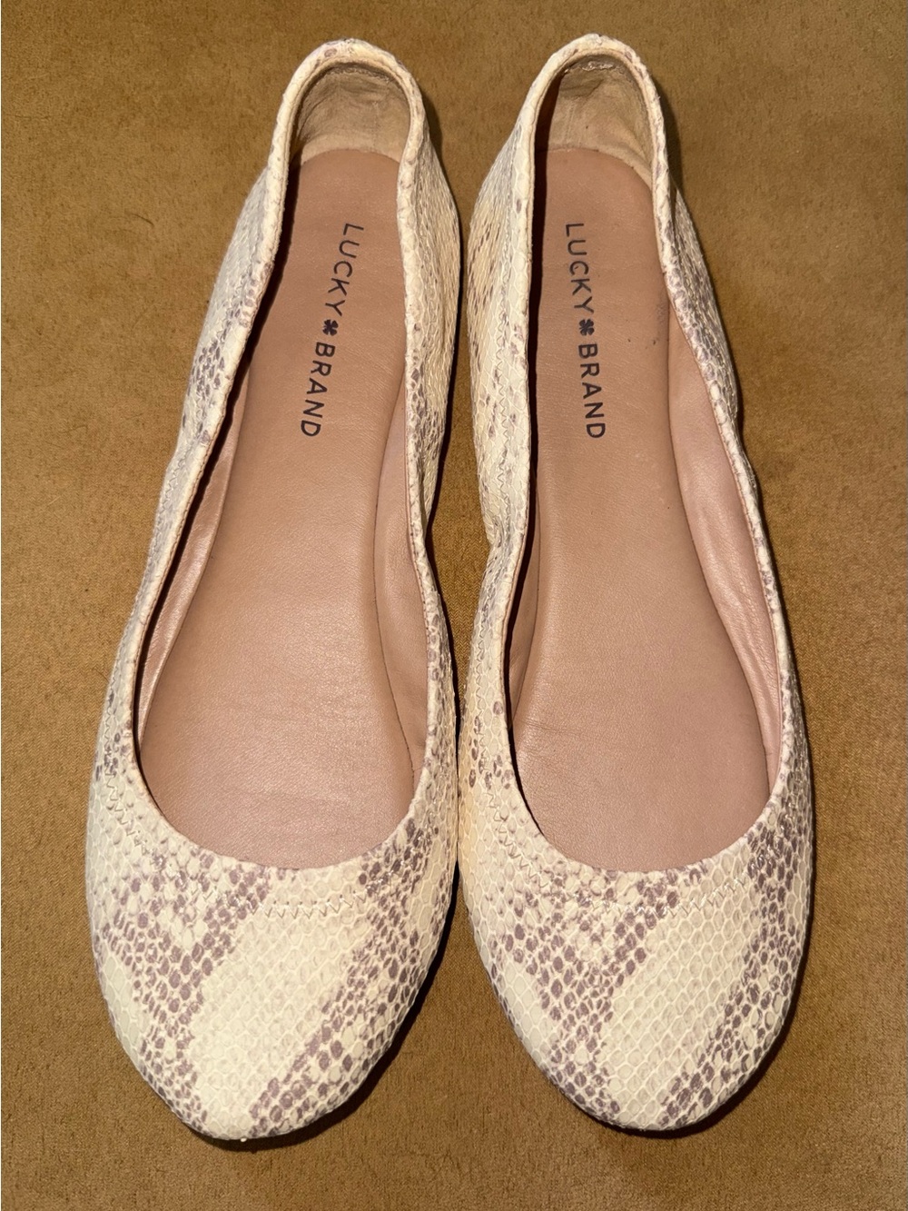 Lucky Brand Cream and Brown Snake-Print Ballet Flats